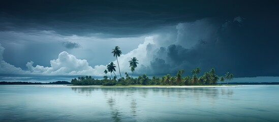 A small islet motu overgrown with palm forest somewhere in the lagoon of South Tarawa atoll in bad cloudy weather Kiribati Gilbert islands Micronesia Oceania Wet rainy season on Kiribati - obrazy, fototapety, plakaty