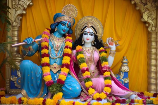 Colorful life size idols of Krishna, Radha sitting at Prem Mandir temple. Happy Krishna Janmashtami. selective focus on subject, Generative AI