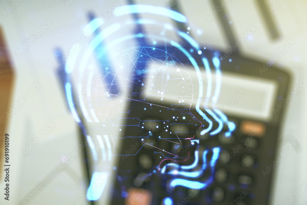 Poster abstract virtual artificial intelligence concept with human head sketch on blurry calculator and pap