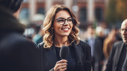 Professional politician woman being interviewed live by a tv broadcast channel with microphones and cameras on a press conference outside on the city street. - obrazy, fototapety, plakaty