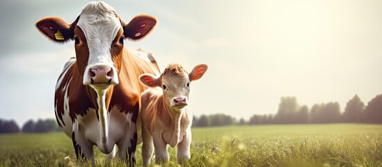Brown and white calf with his mother cow in a farm. Copy space image. Place for adding text - obrazy, fototapety, plakaty