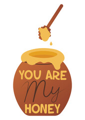 Pot with honey, concept of sweet talk and romance, affectionate, kind name. Isolated vector illustration