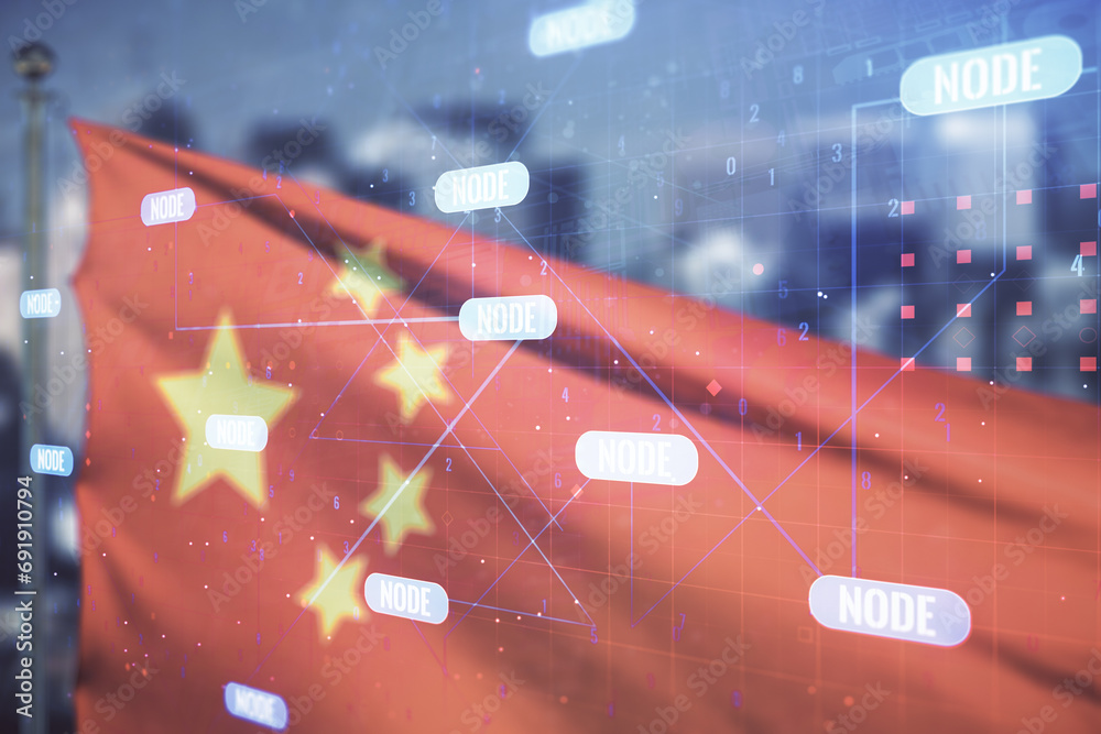 Aufkleber abstract virtual coding concept on flag of china and blurry cityscape background. multiexposure