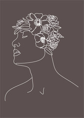 Minimalist logo for a women's line. Natural organic cosmetics. Flower head Woman line drawing illustration. Woman's face with a line of flowers.