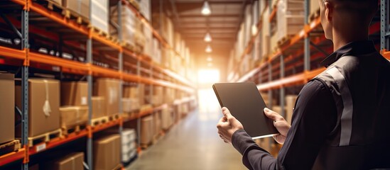 A black warehouse worker checking the delivery status of the package with a tablet in a large distribution center. Copy space image. Place for adding text