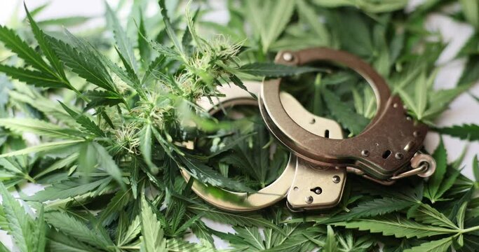 Handcuffs and leaves and buds of marijuana closeup. Legalization of marijuana for medical purposes and arrest