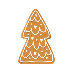 Christmas gingerbread cookie in shape of fir tree with icing isolated on white background. Festive homemade sweet desert. Vector illustration
