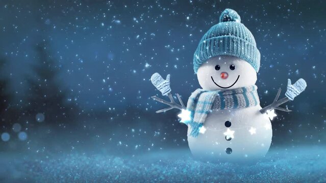 Animated. Snowman Greeting In The Snow. Smiling. Wearing A Hat And Scarf. Falling Snow. Greeting Card Merry Christmas And Happy New Year 2024 ,seamless Loop