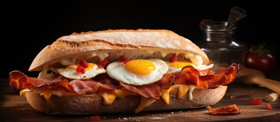 Ciabatta sandwich with poached egg and bacon. Copy space image. Place for adding text