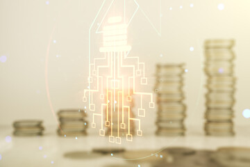 Virtual creative light bulb illustration with microcircuit on coins background, future technology concept. Multiexposure