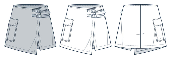  Wrap mini Skirt technical fashion illustration. Buckled Skirt fashion flat technical drawing template, A-line, pocket, front and back view, white, grey, women, men, unisex Skirt CAD mockup set. - obrazy, fototapety, plakaty