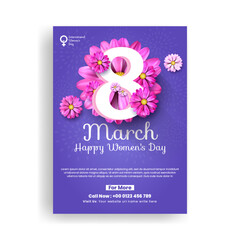 8 march Women's day editable print flyer or poster with realistic 3d 8 and floral flower illustration background invitation greetings spring card template design