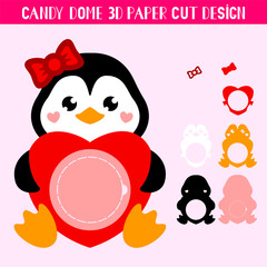 Fototapeta premium Valentines Penguin candy dome holder with heart. Paper cut template. Vector illustration. Cute holiday symbol. 3D layered Valentines ornament for sweets.