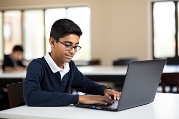 A young Indian schoolboy using a laptop for education and online activities in a class. - obrazy, fototapety, plakaty