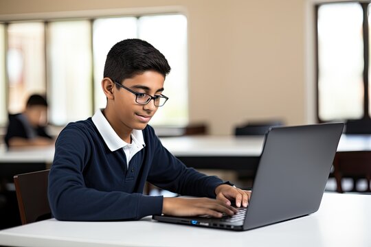 A young Indian schoolboy using a laptop for education and online activities in a class.
