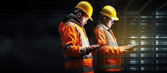 Caucasian workers wearing helmets wearing reflective vests holding tablets Checking and testing...