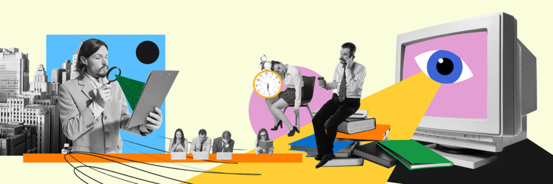 Business conference. Young people working on strategies, creating ne projects. Online business. Contemporary art collage. Concept of business, office, promotion, success, ambitions