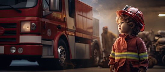 Child cute boy dressed in fire fighers cloths in a fire station with fire truck childs dream. Copy space image. Place for adding text - obrazy, fototapety, plakaty