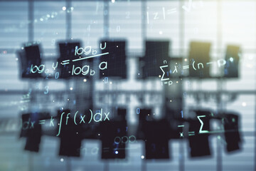 Scientific formula illustration on a modern coworking room background, science and research...