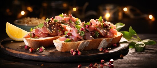 Bruschetta of Red Tuna and Yellowtail fish Tartare Greek style. Copy space image. Place for adding text - obrazy, fototapety, plakaty