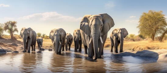 A colour side lit panorama image of a herd of elephants Loxodonta africana bathing and drinking at a dwindling waterhole in Savute Botswana. Copy space image. Place for adding text - obrazy, fototapety, plakaty