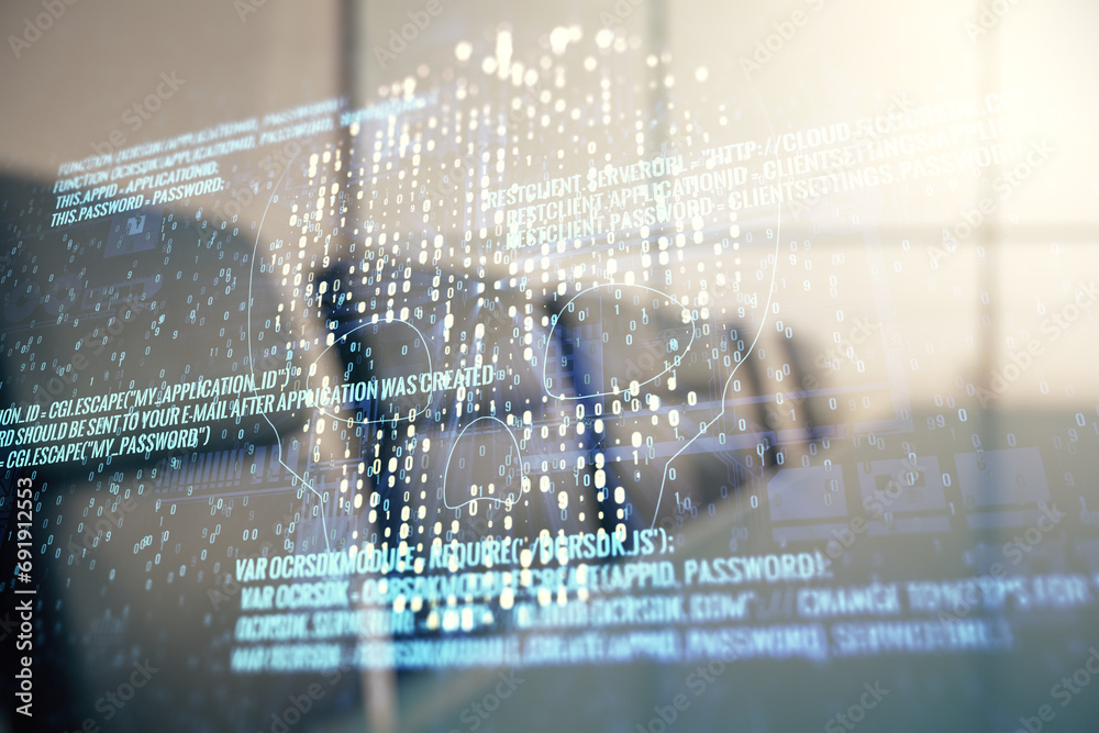 Poster abstract virtual code skull illustration on a modern conference room background. hacking and phishin