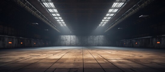 Abandoned soviet hangar built for keeping ballistic missiles in Cold War times Hangar with light painted interior. Copy space image. Place for adding text - obrazy, fototapety, plakaty