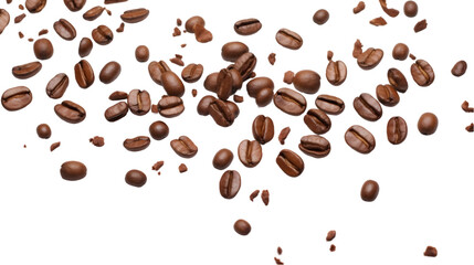 Falling coffee beans 3D rendering isolated on white background. Generative AI.