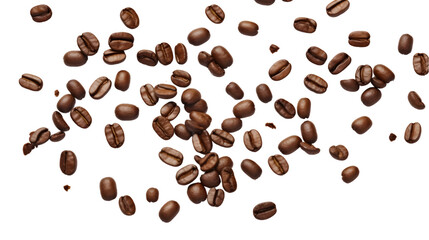 Falling realistic coffee beans 3D rendering isolated on white background. Generative AI.
