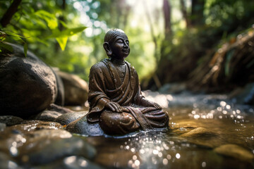 Buddha Statue in der Landschaft sitzend in einem Bach