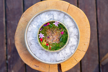 Signature food made with pepper and olive oil foam. Concept: Mediterranean cuisine, chef