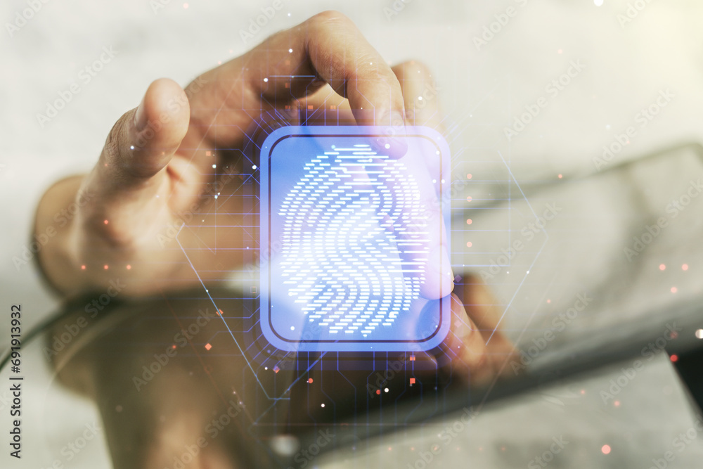 Poster abstract creative fingerprint concept with finger clicks on a digital tablet on background. multiexp