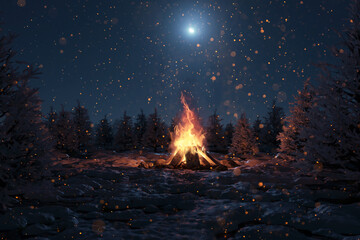 3d rendering of big bonfire with sparks and lot of particles in front of snowy pine trees and moonlight sky.