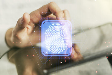 Abstract creative fingerprint concept with finger clicks on a digital tablet on background....