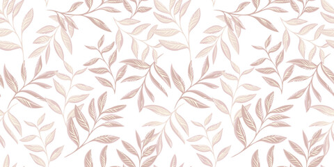 Vector hand drawn leaves branches intertwined in a seamless pattern on a light beige background. Creative, artistic, simple, pastel, tropical leaf stems print. Template for fashion, fabric, wallpaper