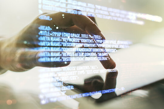 Multi exposure of abstract software development hologram and finger presses on a digital tablet on background, research and analytics concept