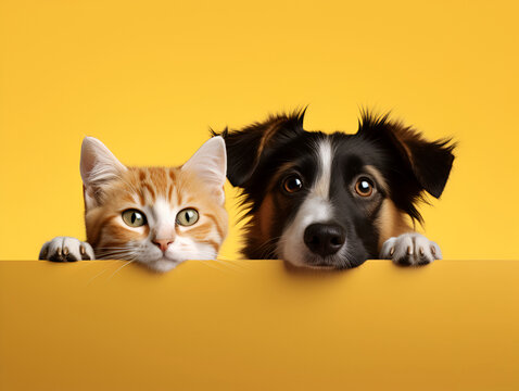 Bright portrait with a cat and a dog on a yellow background. Friendship captured with vibrancy and joy in every frame. Perfect image for positive projects. Copy space.