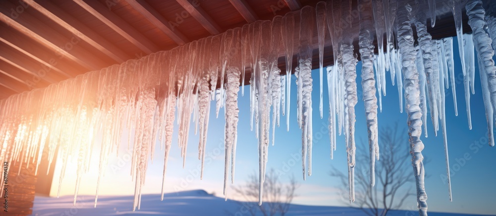 Wall mural close up icicles hanging from the waves of the roof. copy space image. place for adding text