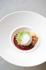 luxury chef signature western fine dining cuisine art baked caramel cake with ice cream and chocolate nuts platter