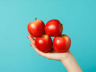 Female hand with tasty apples on color background