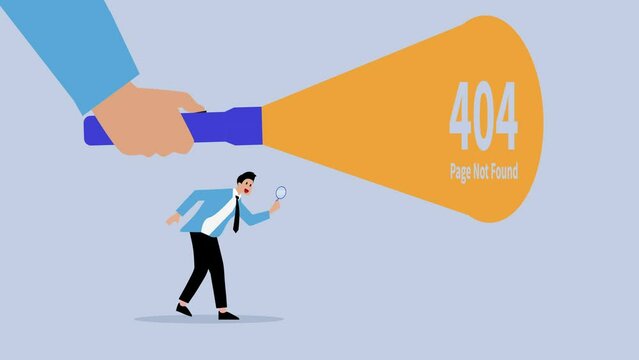 businessman being guided by a hand holding a flashlight uncovering 404 error page not found sign