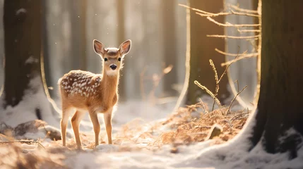 Plexiglas foto achterwand A baby bambi roe deer standing in a forest during winter © Nextmotion Media