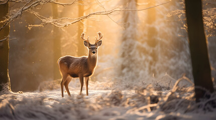 An adult deer standing in a forest during winter