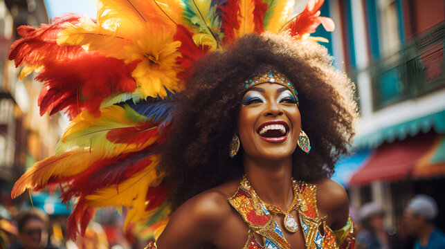 Cheerful black woman has fun on Mardi Gras street carnival while wearing a costume