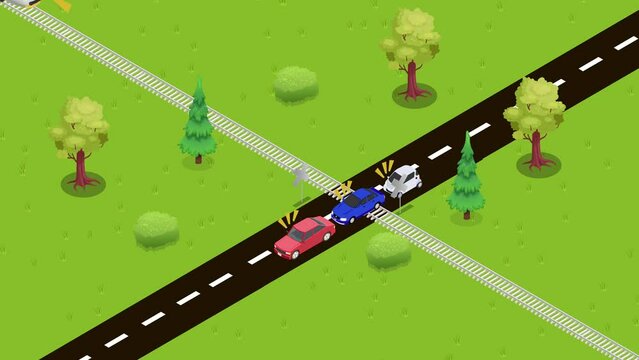 Train rams into a car at railway crossing. Car accident with train scene