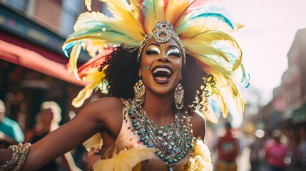 Cheerful black woman has fun on Mardi Gras street carnival while wearing a costume - obrazy, fototapety, plakaty