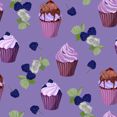 Sweet dessert. Cupcake with berries, chocolate on a purple background.