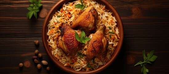 Chicken Kabsa Homemade Arabian biryani overhead view. Copy space image. Place for adding text