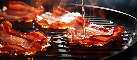 A banner for a cooking site with bacon slices fried in oil with bubbles in a grill pan close up. Copy space image. Place for adding text - obrazy, fototapety, plakaty