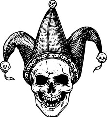 Jester skull in hat vintage sketch - obrazy, fototapety, plakaty